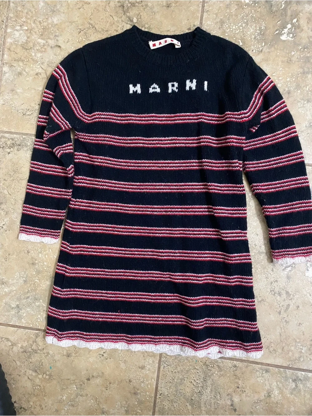 Marni Kids Intarsia Knit Logo Designer Black Red Striped Scalloped $569 Dress 4